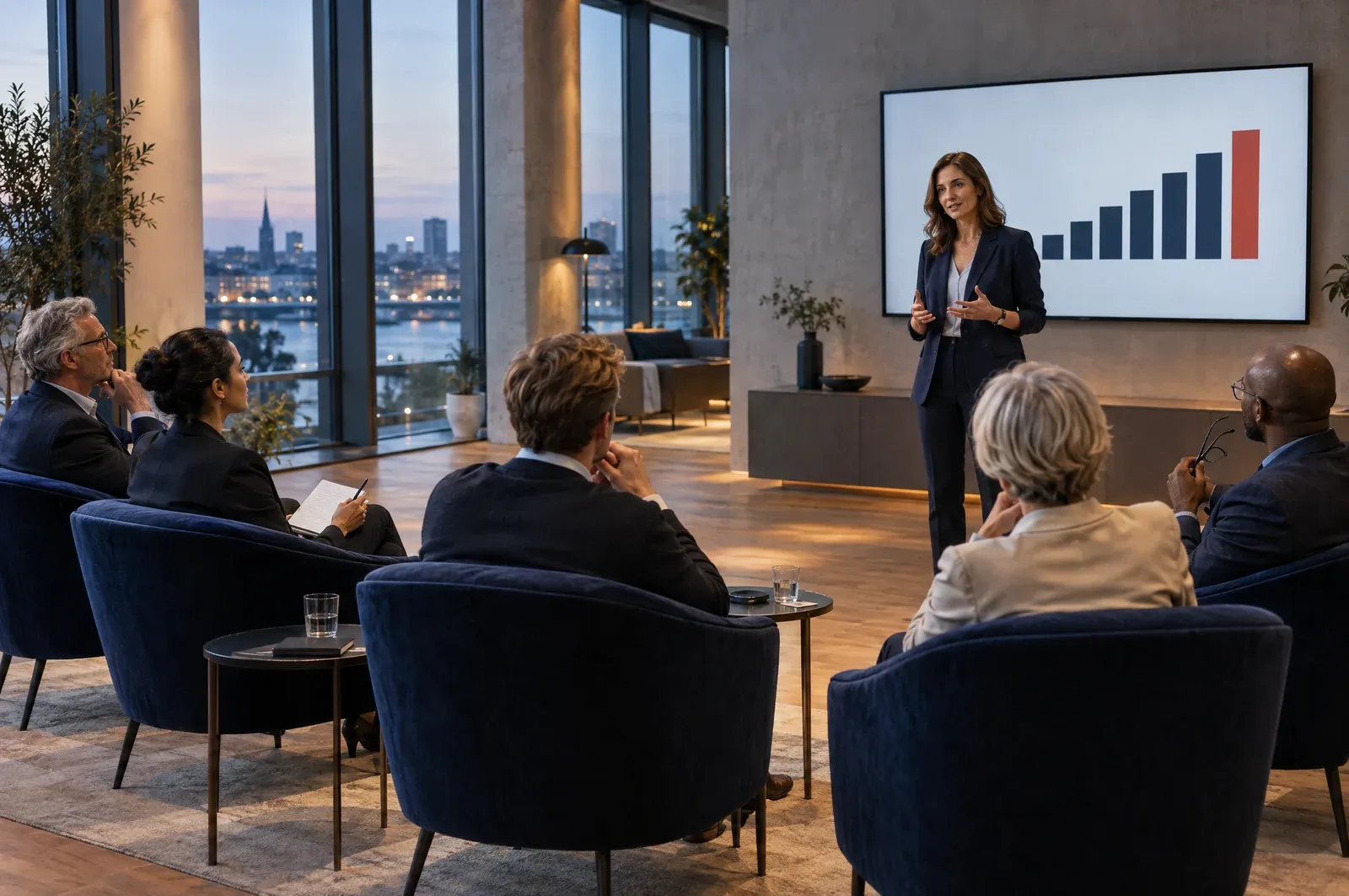 Gründerin beim Investoren-Pitch vor fünf potenziellen Kapitalgebern